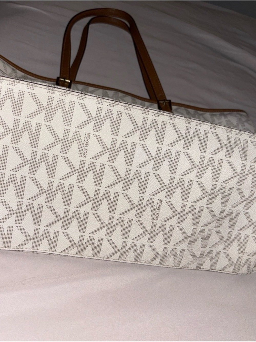 Michael Kors White Logo Tote with Tan Strap Accents